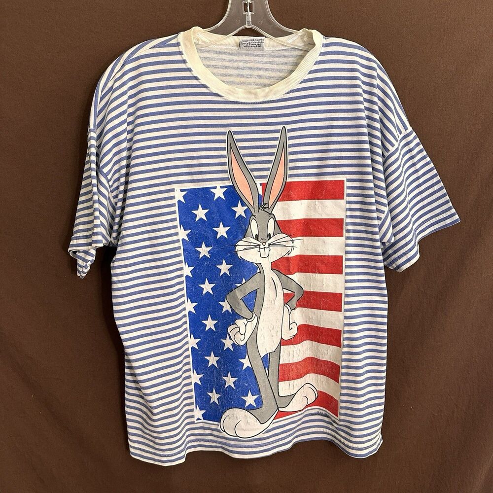 VINTAGE 90s Looney Tunes T Shirt Bugs Bunny Flag USA MEDIUM